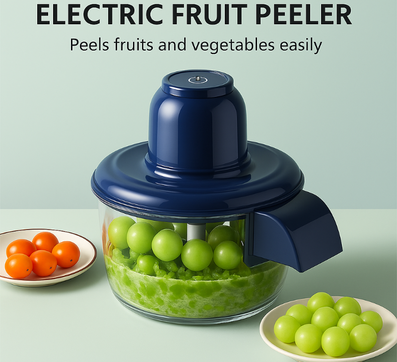 Electric fruit peeler with peeled grapes and tomatoes on a light green background