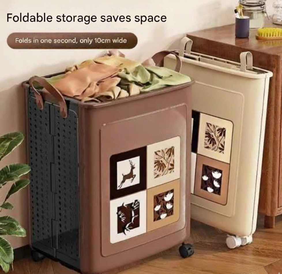 Foldable  laundry bucket with decorative panels on wheels, shown open and closed.