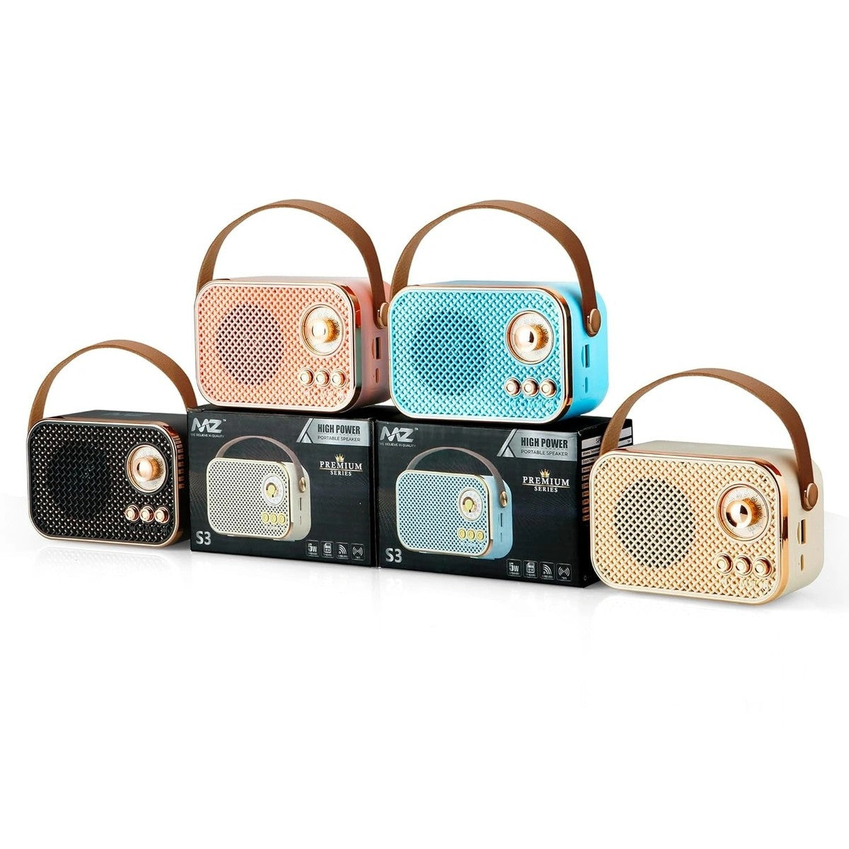 Four  Portable Bluetooth Wireless Speaker with variants in different colors with brown handles 
