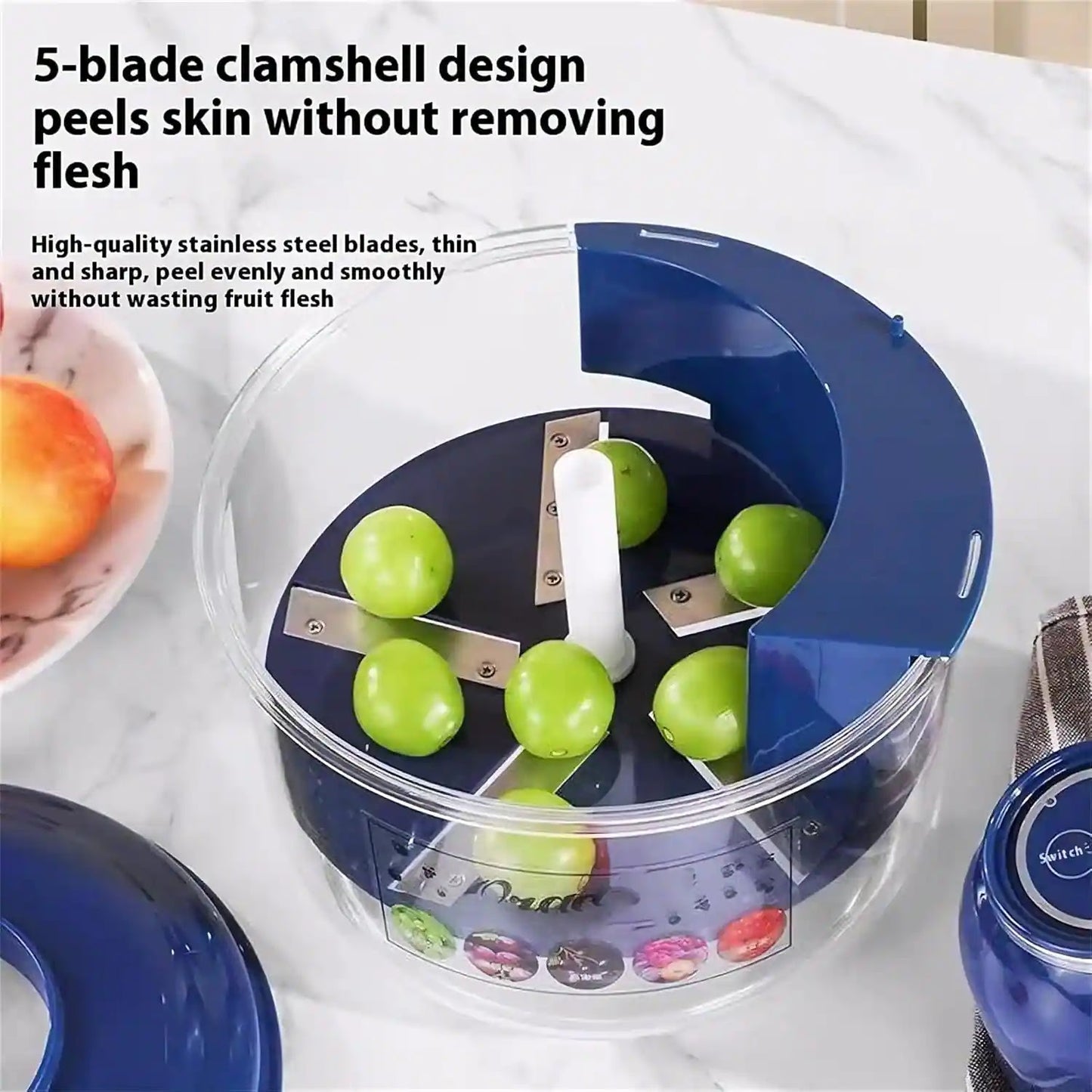 Fruit peeling device with green apples inside, on a white surface.