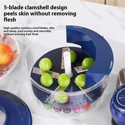 Fruit peeling device with green apples inside, on a white surface.