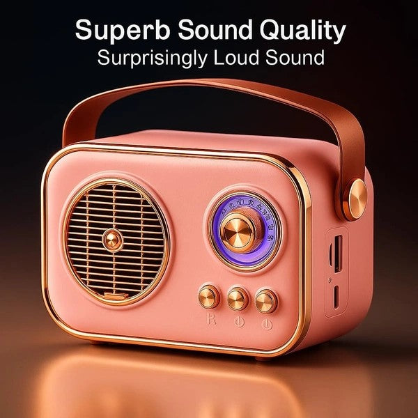 Pink portable speaker with gold accents on a reflective surface, text 'Superb Sound Quality Surprisingly Loud Sound' above.