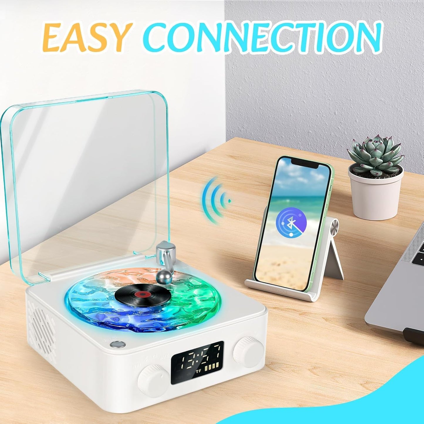 Retro-Style Wireless Waves Vinyl Bluetooth Speaker showing connectivity