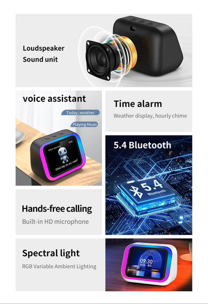 Smart Bluetooth Speaker with Touch Screen Display showing all features