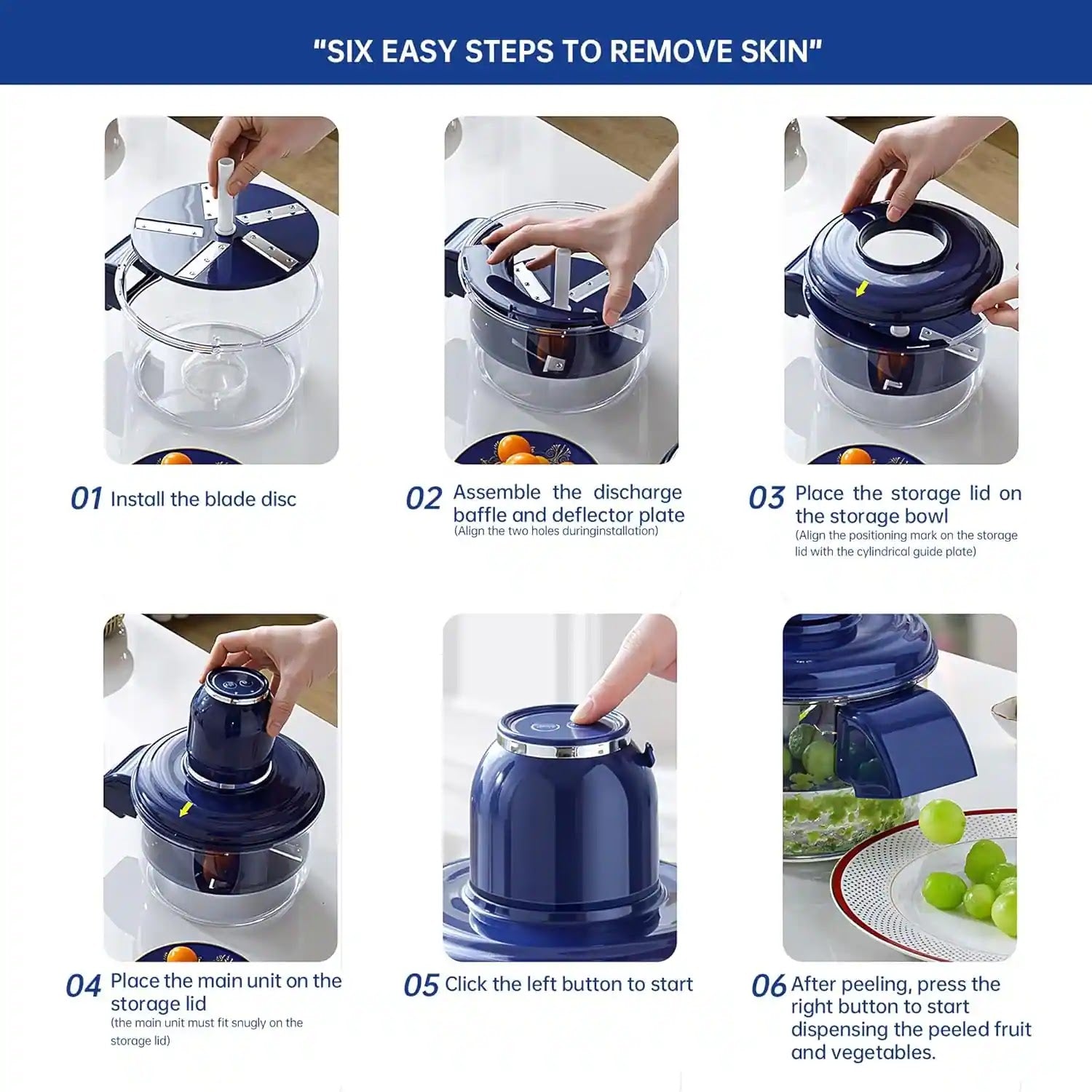 Step-by-step guide on how to use a kitchen peeling device with images and text.
