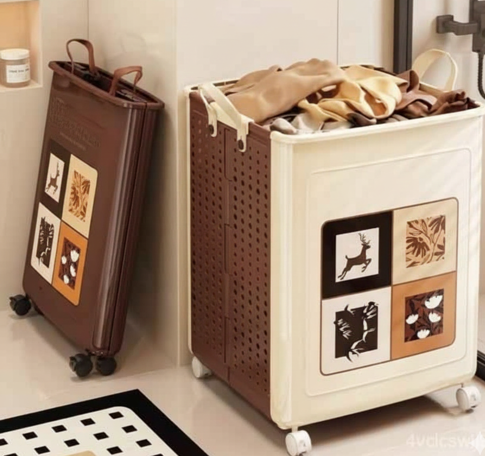 Two foldable laundry baskets, one brown and one white