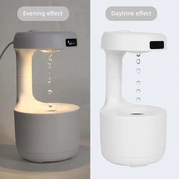 Two views of a anti gravity humidifier showing evening and daytime effects on a gray and white background.