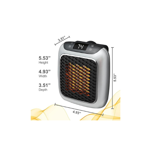 Portable heater with dimensions displayed on a white background