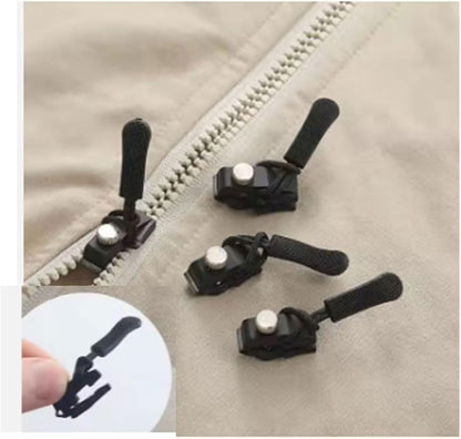 universal zipper repair kit attached to a beige jacket with an inset showing a hand holding one.